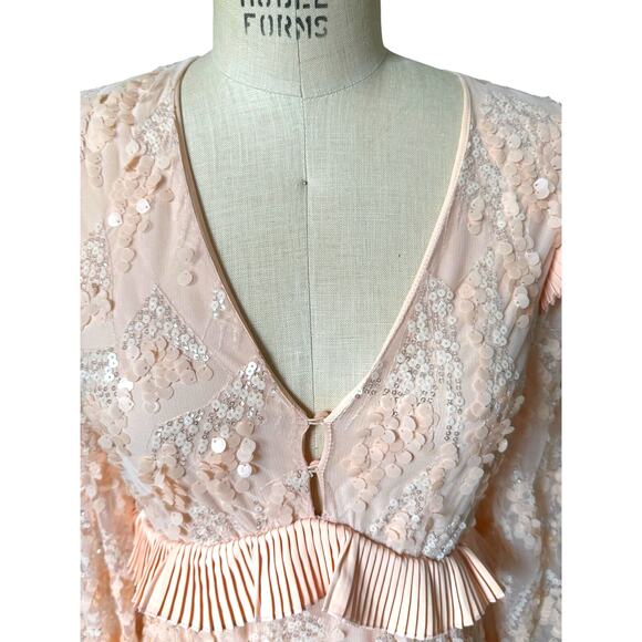 Maje Pale Pink Ruffled V-Neck Sequin Party Formal Dress Size 36/ US 4 - Picture 9 of 14